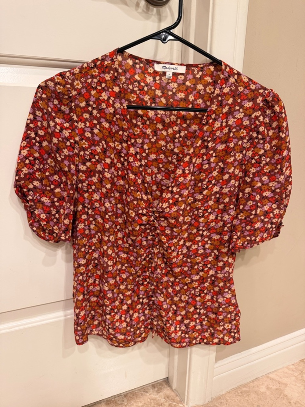 Madewell Floral Red Ruched Front Puff Sleeve Blouse